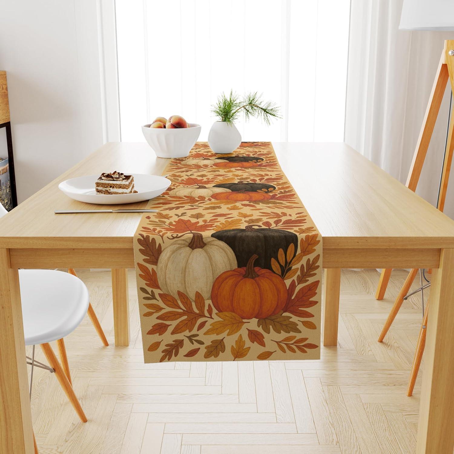 image:imageOHOME Fall Decorations for Home Pumpkins Leaves Table Runner for Indoor Outdoor Fall Decor for Thanksgiving Friendsgiving Autumn Centerpieces Backdrop Tablecloth for Tables Room Office KitchenFall