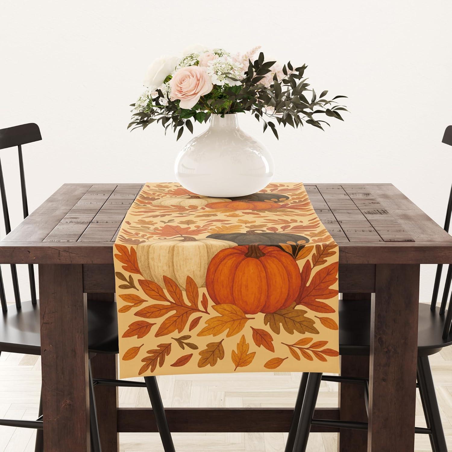 image:imageOHOME Fall Decorations for Home Pumpkins Leaves Table Runner for Indoor Outdoor Fall Decor for Thanksgiving Friendsgiving Autumn Centerpieces Backdrop Tablecloth for Tables Room Office KitchenFall