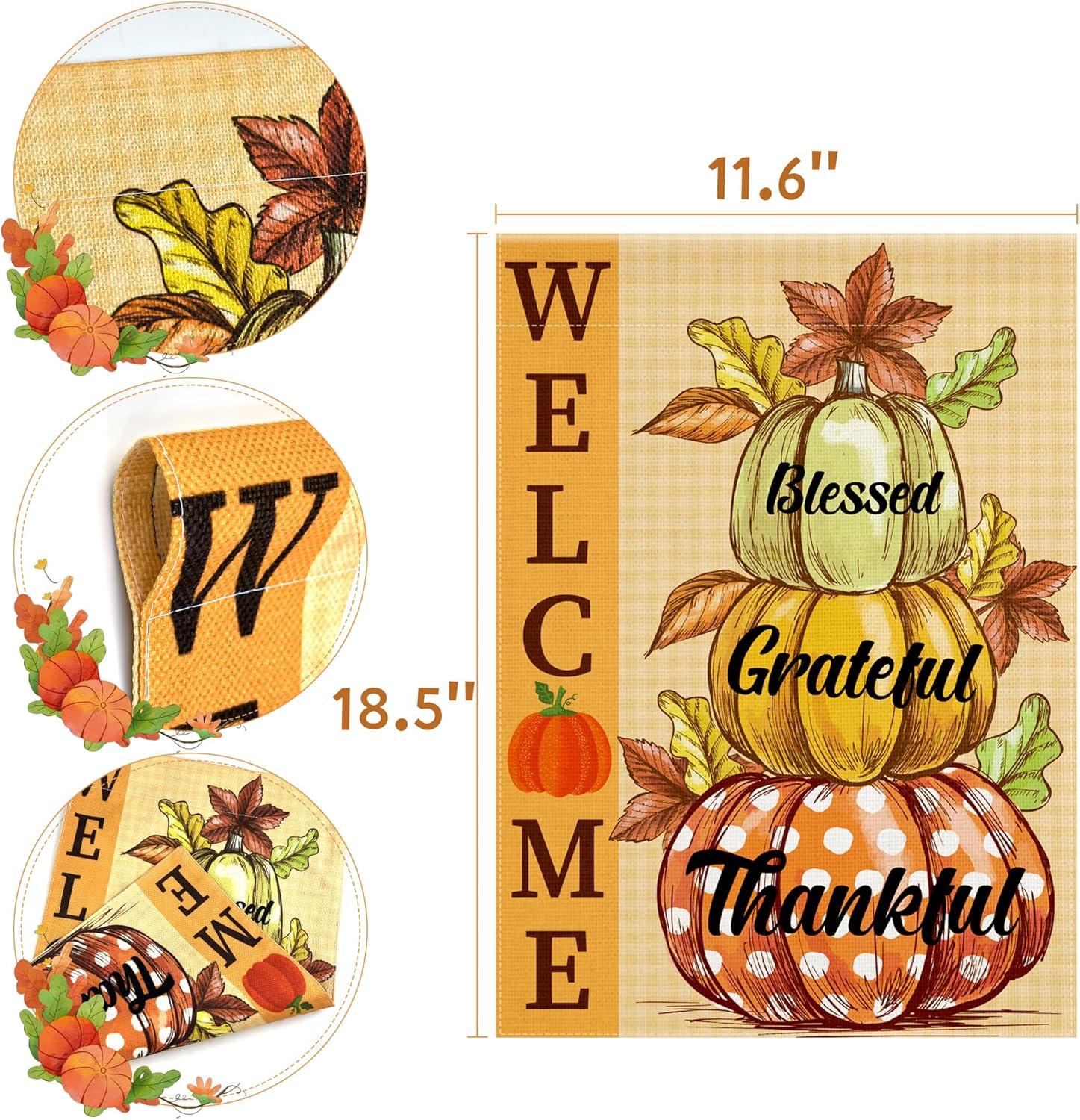 image:imageOHOME Thanksgiving Decorations Fall Garden Flag DoubleSide Autumn Decor for Outdoor Indoor Outside Friendsgiving Welcome Backdrop Banner for Garden Porch Patio Lawn Yard12x18 InchOrange