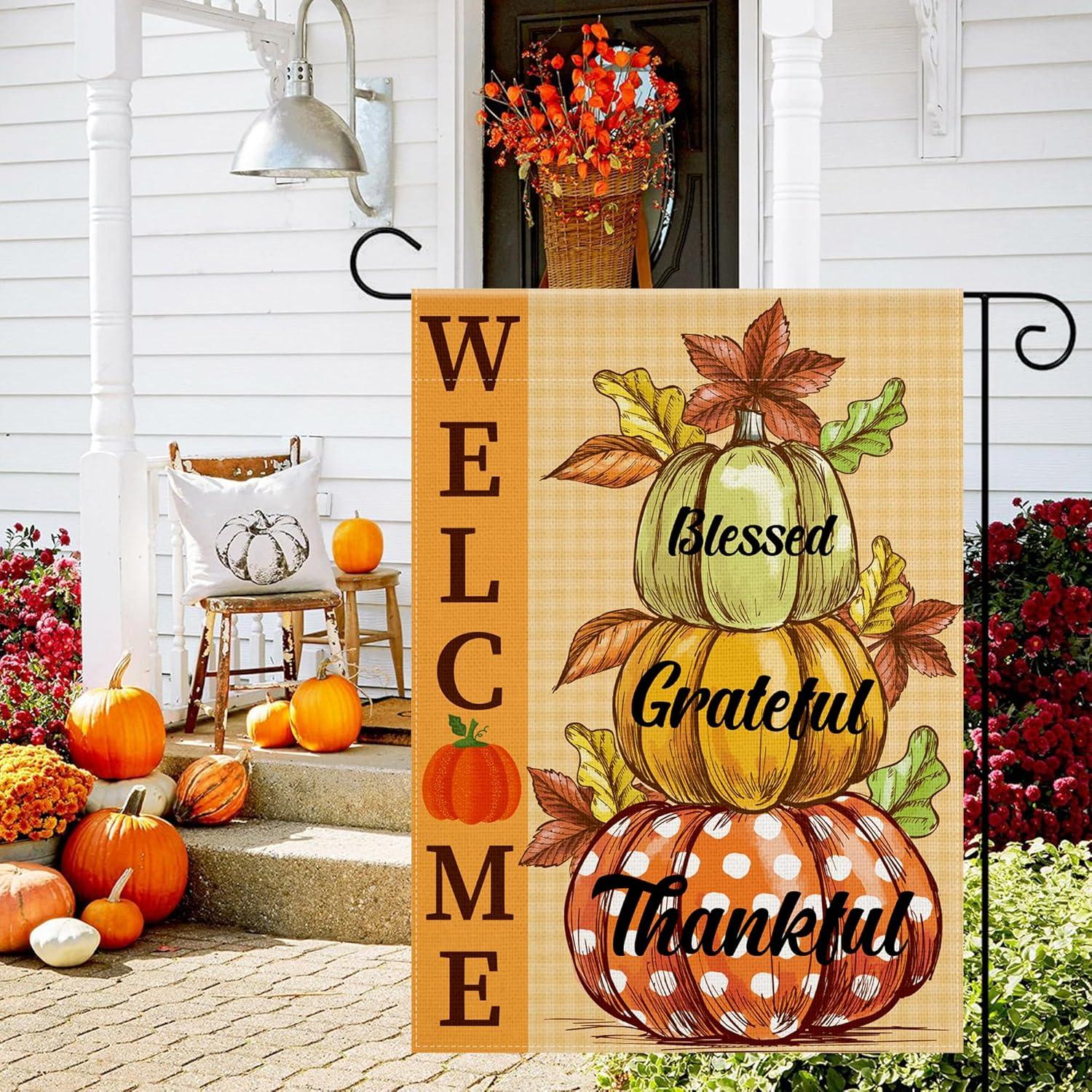 image:imageOHOME Thanksgiving Decorations Fall Garden Flag DoubleSide Autumn Decor for Outdoor Indoor Outside Friendsgiving Welcome Backdrop Banner for Garden Porch Patio Lawn Yard12x18 InchOrange