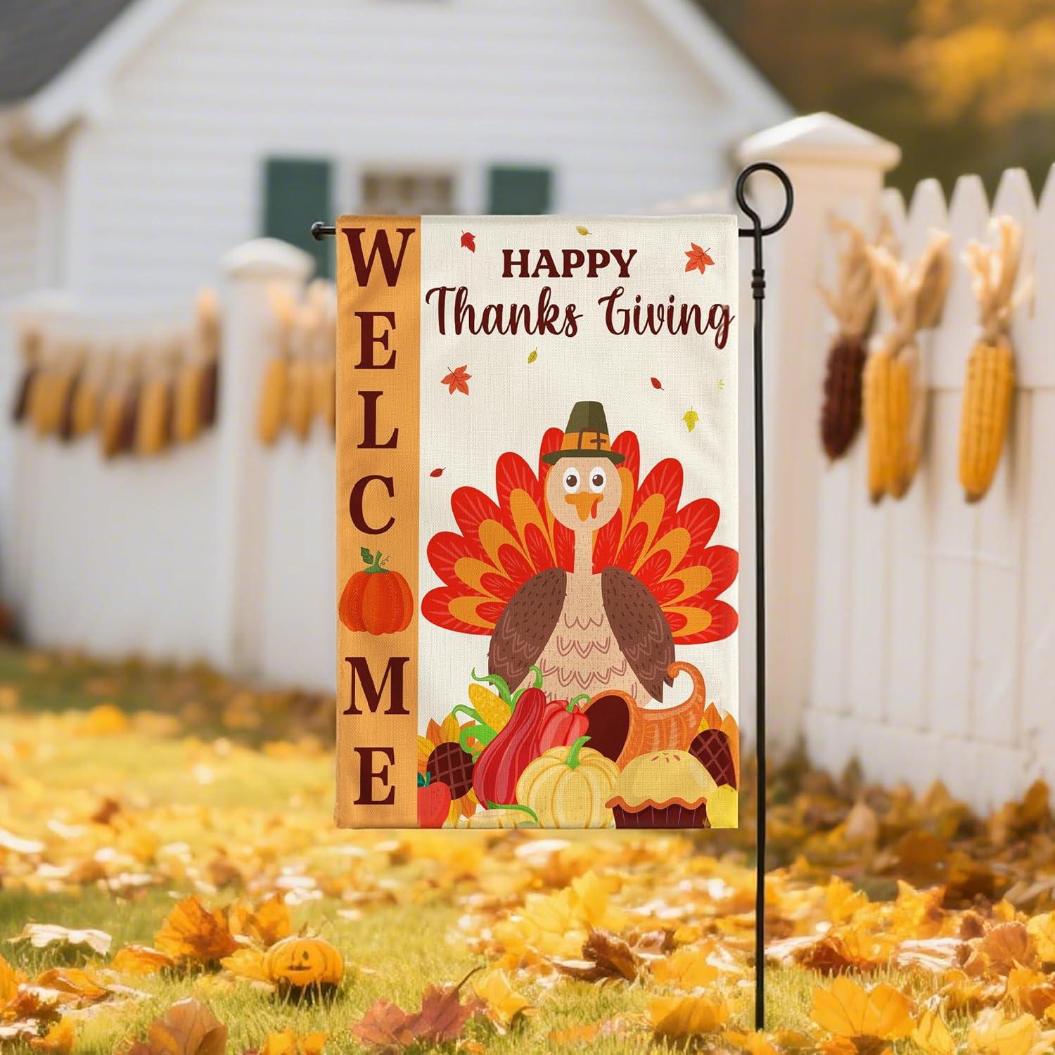 image:imageOHOME Thanksgiving Decorations Fall Garden Flag DoubleSide Autumn Decor for Outdoor Indoor Outside Friendsgiving Welcome Backdrop Banner for Garden Porch Patio Lawn Yard12x18 InchOrange white