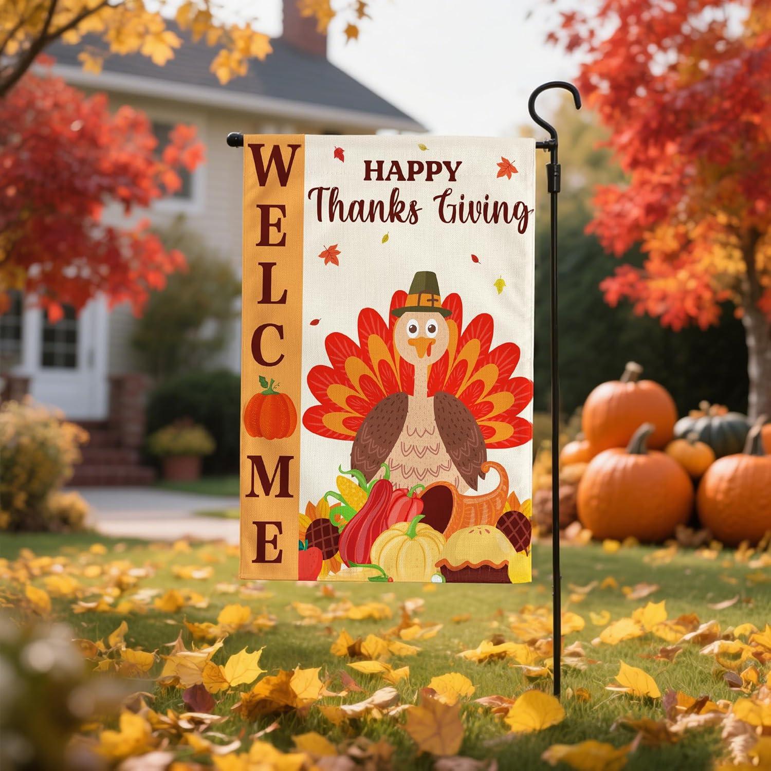 image:imageOHOME Thanksgiving Decorations Fall Garden Flag DoubleSide Autumn Decor for Outdoor Indoor Outside Friendsgiving Welcome Backdrop Banner for Garden Porch Patio Lawn Yard12x18 InchOrange white