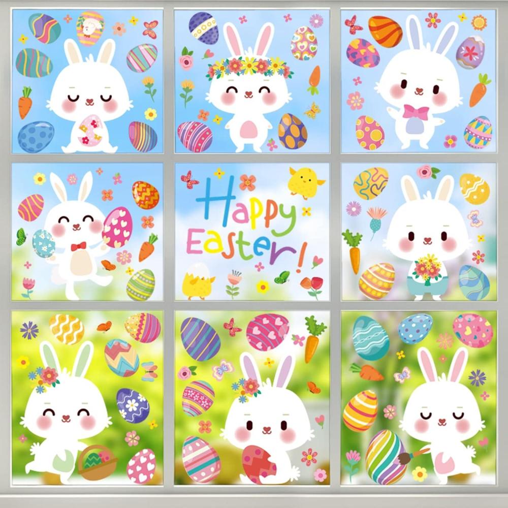 image:imageOHOME 2025 Easter Window Clings 9 Sheets Bunny Egg Easter Basket Stuffers for Glass Windows Rabbit Gifts Crafts Party Favors for Home8x12 InchWhite
