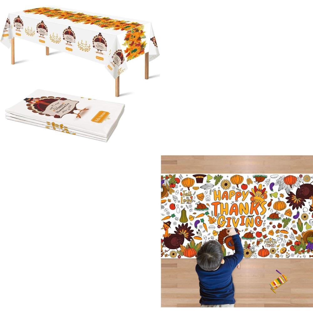 image:imageOHOME 3 Pack Thanksgiving Tablecloths amp Giant Coloring Posters 30x72 Inches Gold With Fruit Pattern Plastic Rectangular Thanksgiving Crafts Set