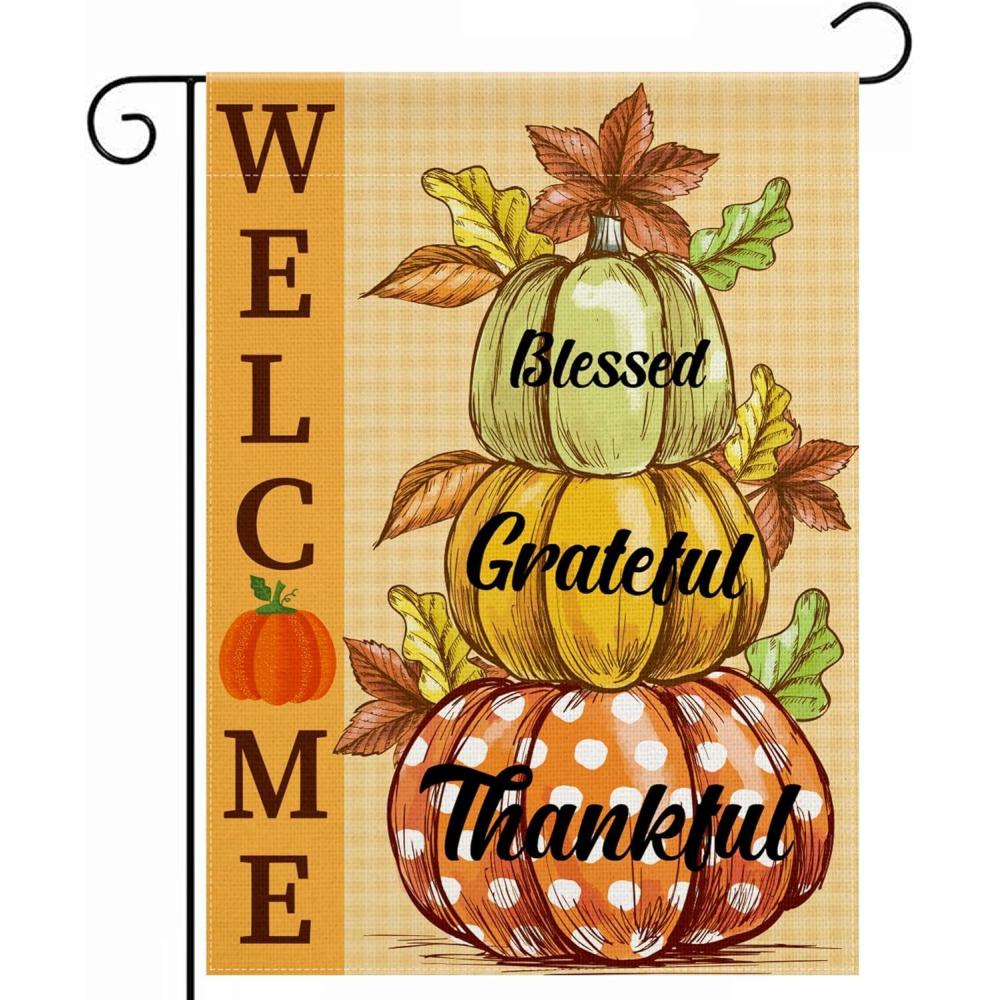 image:imageOHOME Thanksgiving Decorations Fall Garden Flag DoubleSide Autumn Decor for Outdoor Indoor Outside Friendsgiving Welcome Backdrop Banner for Garden Porch Patio Lawn Yard12x18 InchOrange