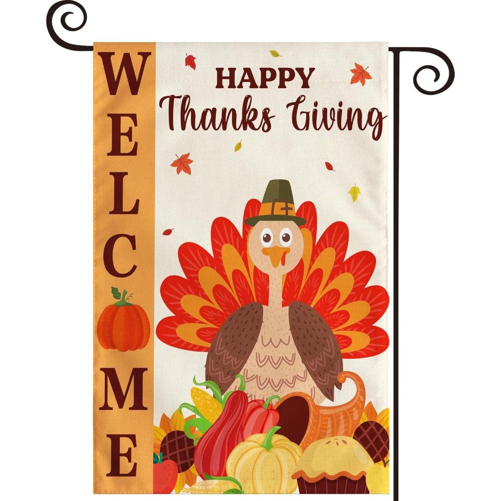 image:imageOHOME Thanksgiving Decorations Fall Garden Flag DoubleSide Autumn Decor for Outdoor Indoor Outside Friendsgiving Welcome Backdrop Banner for Garden Porch Patio Lawn Yard12x18 InchOrange white