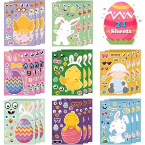 OHOME Easter Basket Stuffers for Kids – DIY Happy Egg Bunny Sticker Crafts Stickers,Kids Easter Gifts Decor Treats Games Toys Activities Party Favor Supplies(24 Sheets)(Easter DIY Stickers)