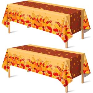 OHOME Thanksgiving Decorations – Plastic Fall Tablecloth for Thanksgiving Friendsgiving | Autumn Table Decor Leaves Floral Table Covers for Outdoor Indoor Party Favors Backdrop,52”x87”,2 Pack(Orange)