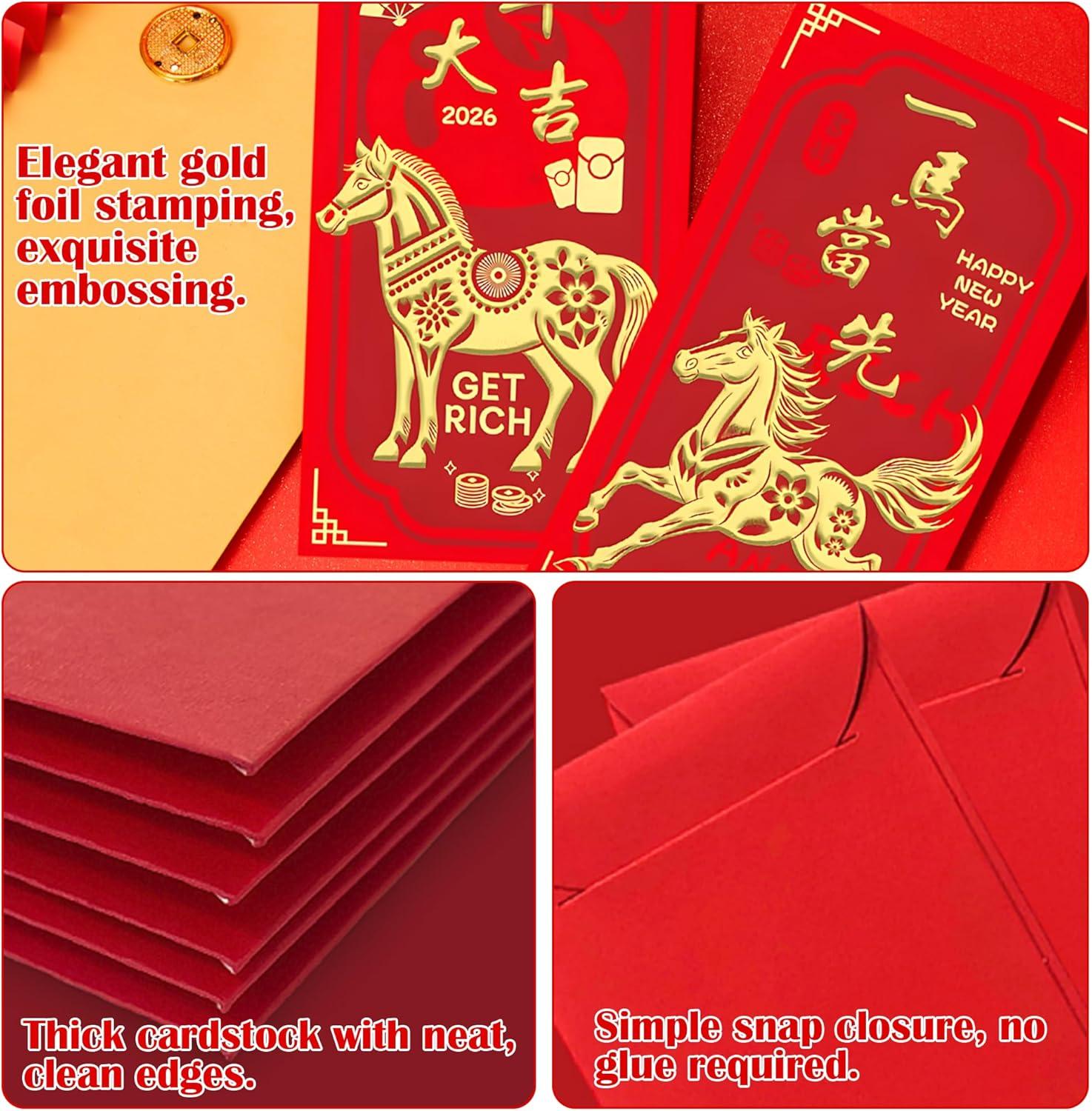 image:imageOHOME Chinese New Year Red Envelopes 2026 New Years Eve Party Supplies New Years Decorations Lunar New Year Envelopes Chinese New Year Gifts Lunar New Year Gifts Red Envelope Horse24PCS