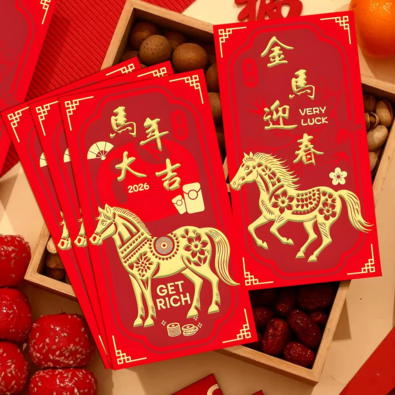 image:imageOHOME Chinese New Year Red Envelopes 2026 New Years Eve Party Supplies New Years Decorations Lunar New Year Envelopes Chinese New Year Gifts Lunar New Year Gifts Red Envelope Horse24PCS