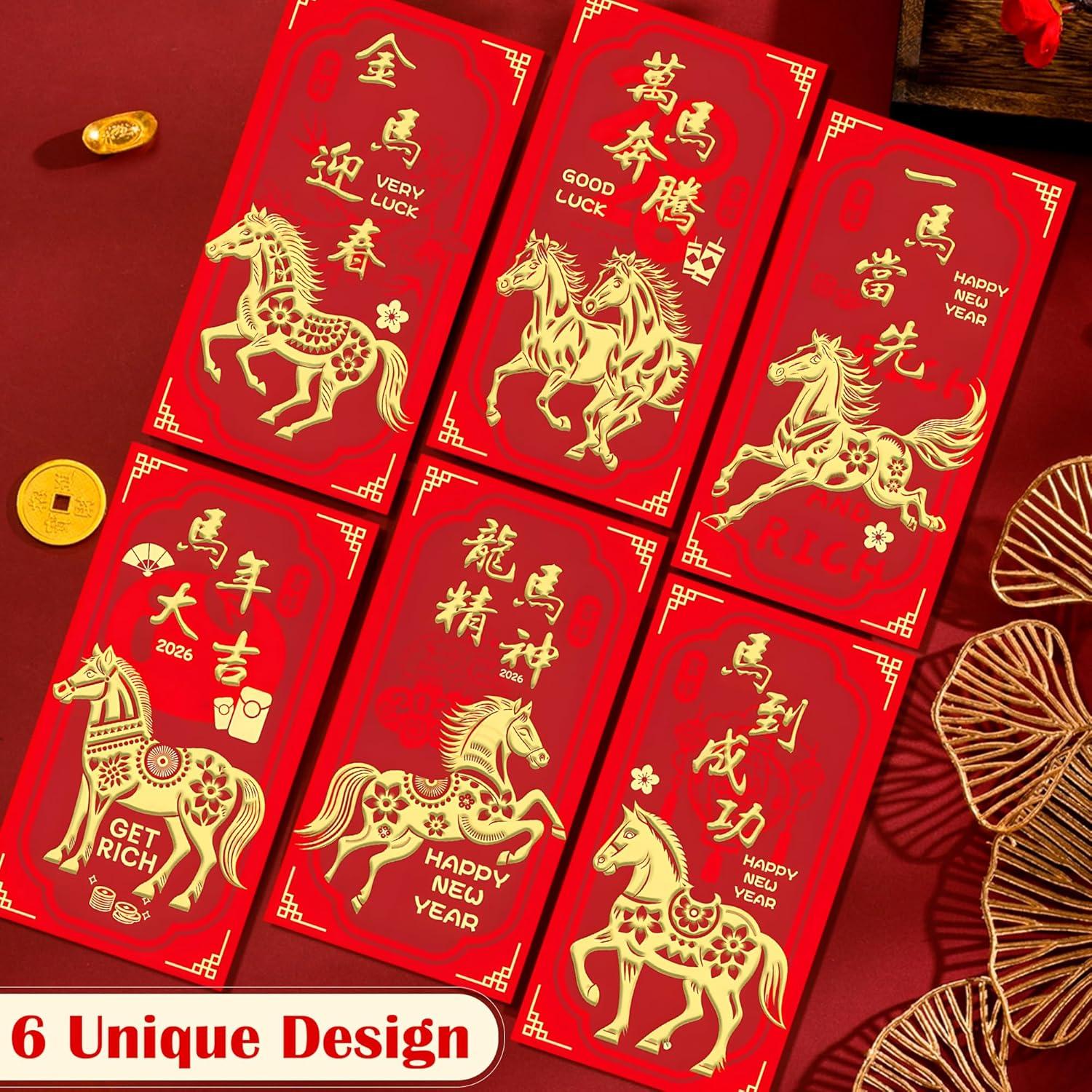 image:imageOHOME Chinese New Year Red Envelopes 2026 New Years Eve Party Supplies New Years Decorations Lunar New Year Envelopes Chinese New Year Gifts Lunar New Year Gifts Red Envelope Horse24PCS