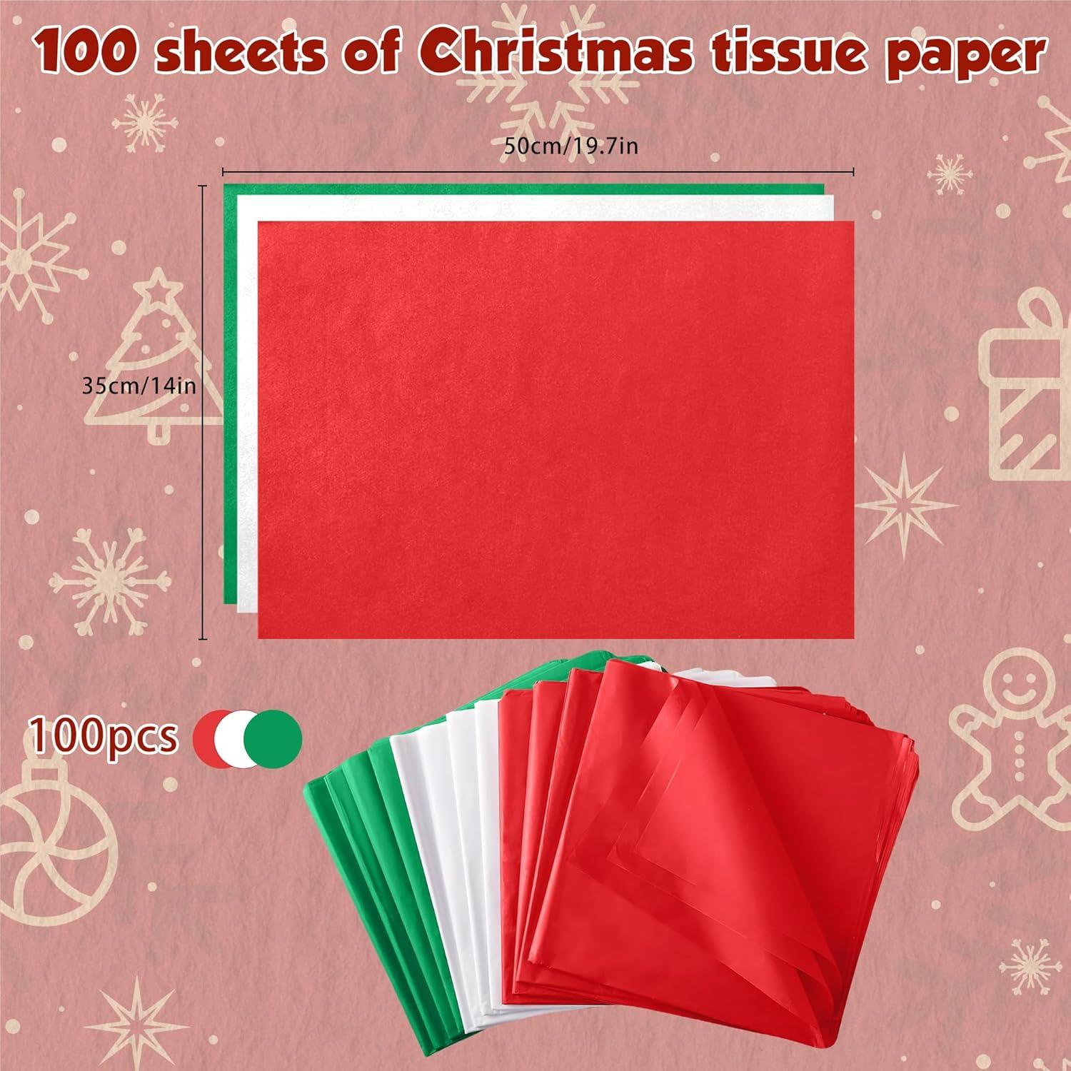 image:imageOHOME Christmas Tissue Paper 100 Sheets 20x14 Red Green White Wrapping Paper Christmas Decorations Decor for Gift Bags Boxes Xmas Navidad Holiday Party Favors Supplies
