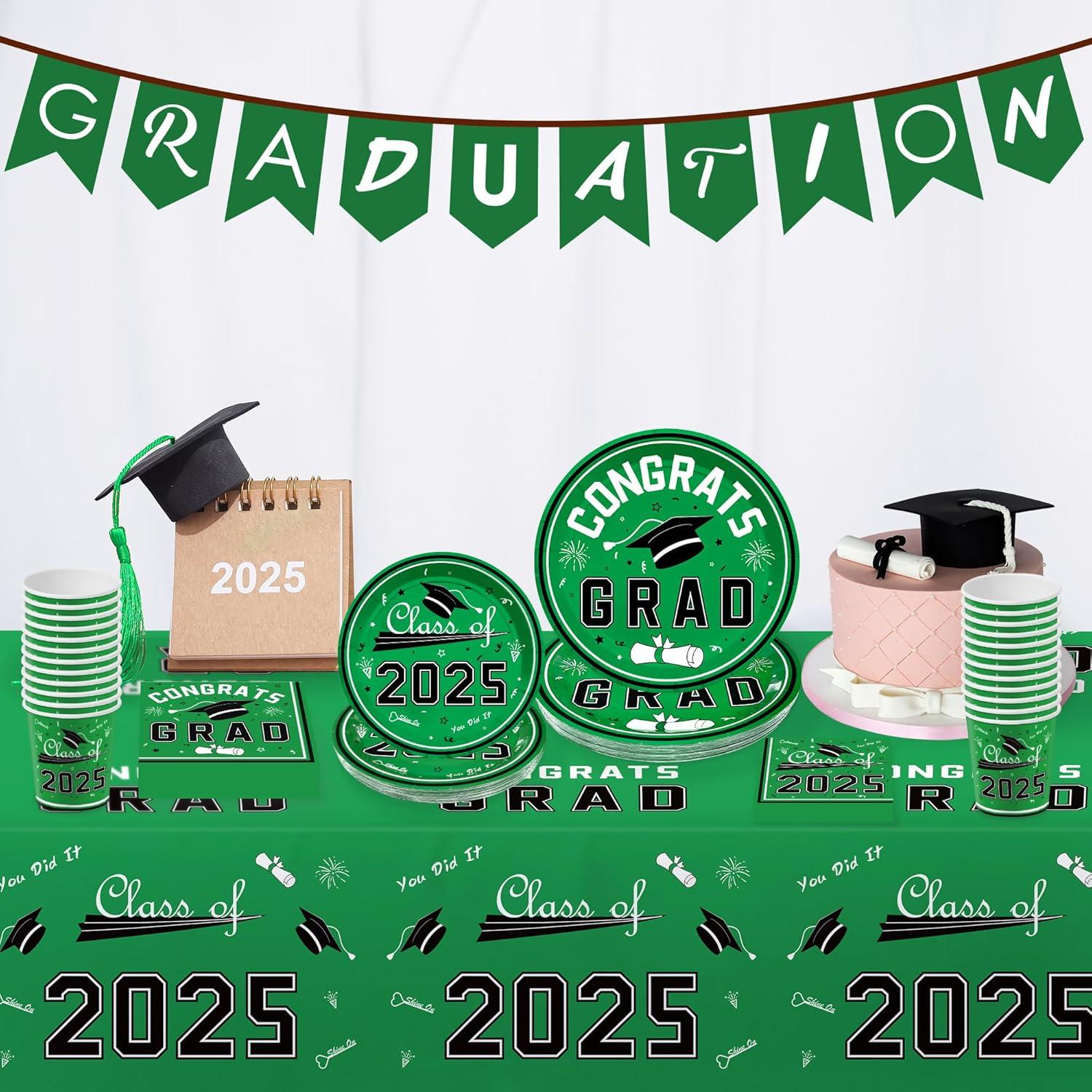 image:imageOHOME Graduation Decorations 2026 Graduation Decorations Class of 2026 Serve 24 Blue Plates Tablecloth Napkins Cups Graduation Party Favors SuppliesGreen Graduation Decorations