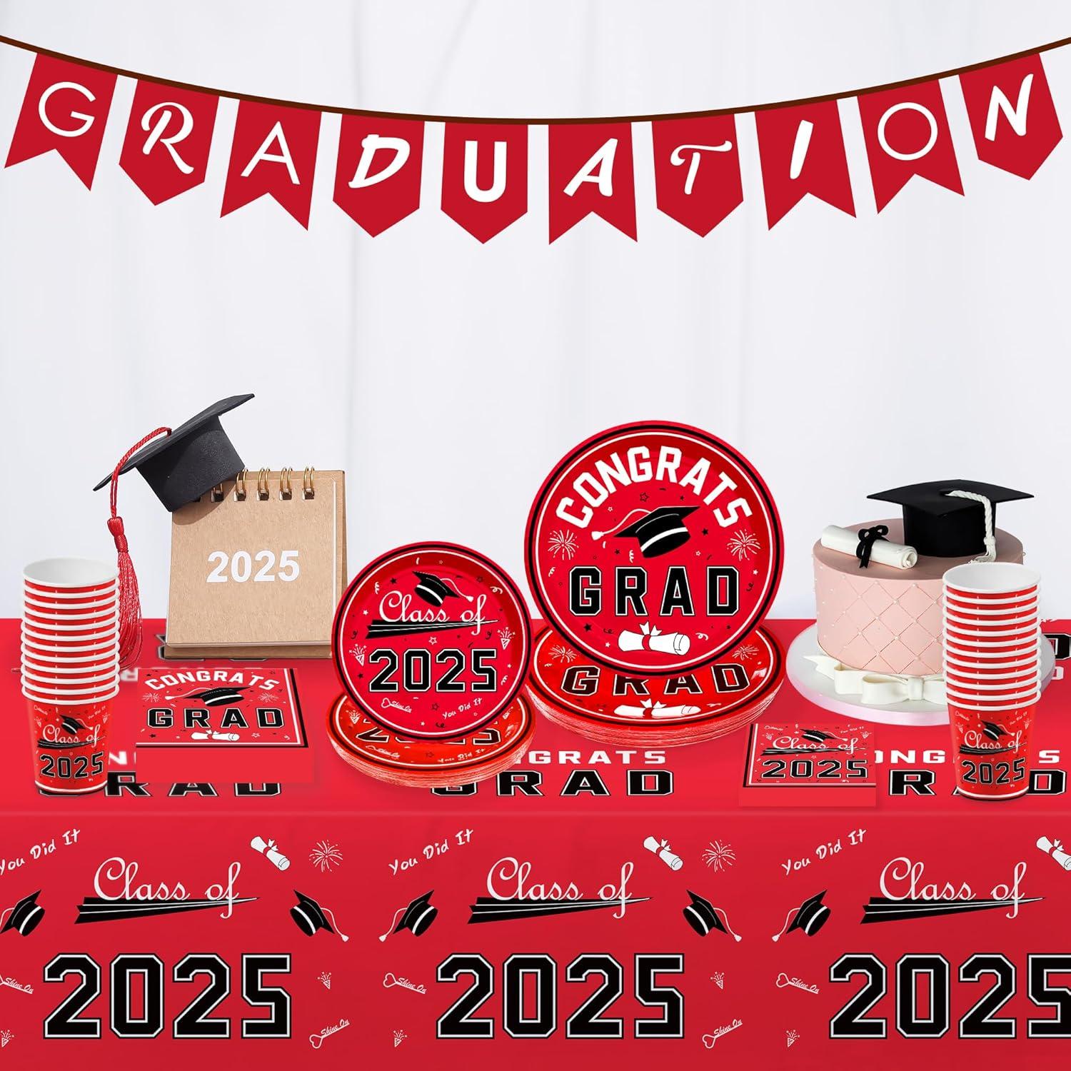 image:imageOHOME Graduation Decorations 2026 Graduation Decorations Class of 2026 Serve 24 Blue Plates Tablecloth Napkins Cups Graduation Party Favors SuppliesRed Graduation Decorations