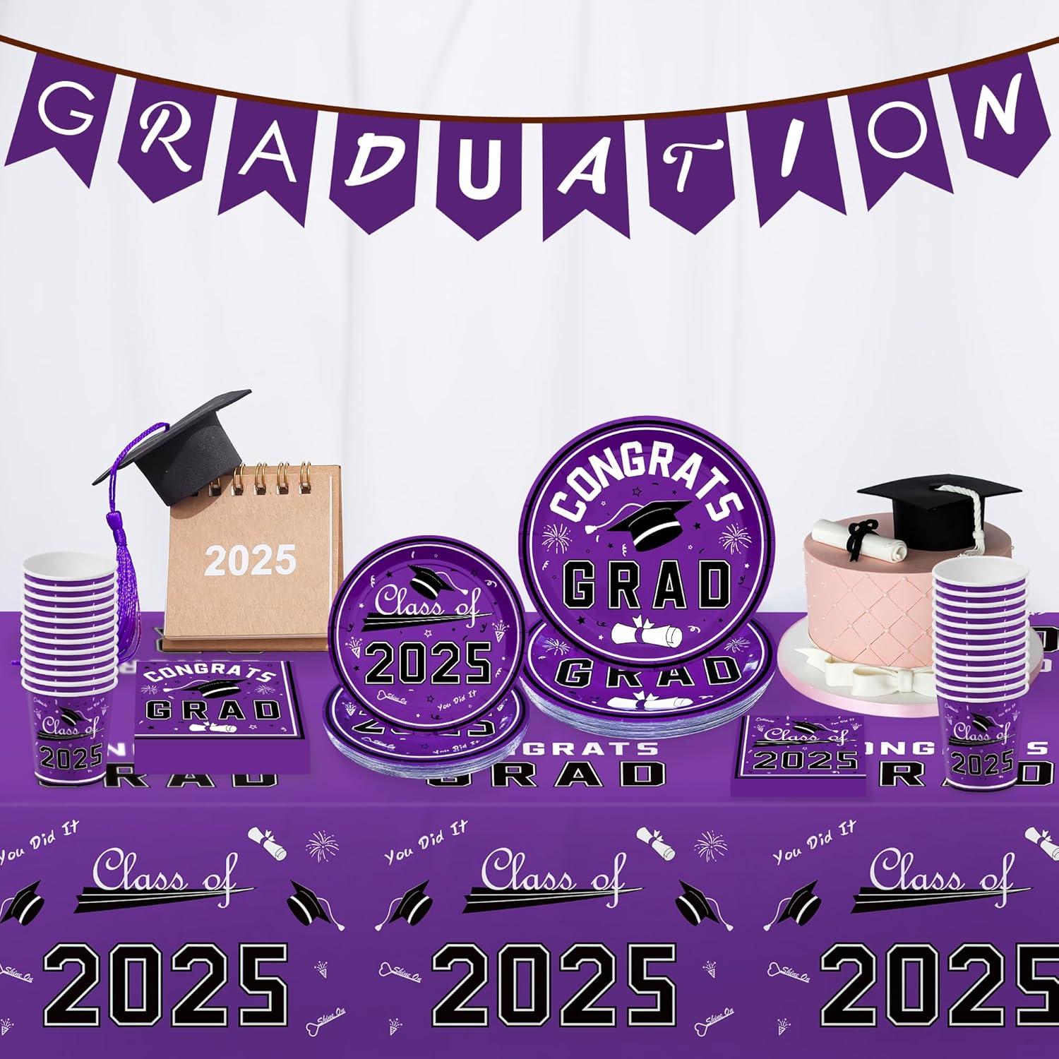 image:imageOHOME Graduation Decorations 2026 Graduation Decorations Class of 2026 Serve 24 Blue Plates Tablecloth Napkins Cups Graduation Party Favors SuppliesPurple Graduation Decorations