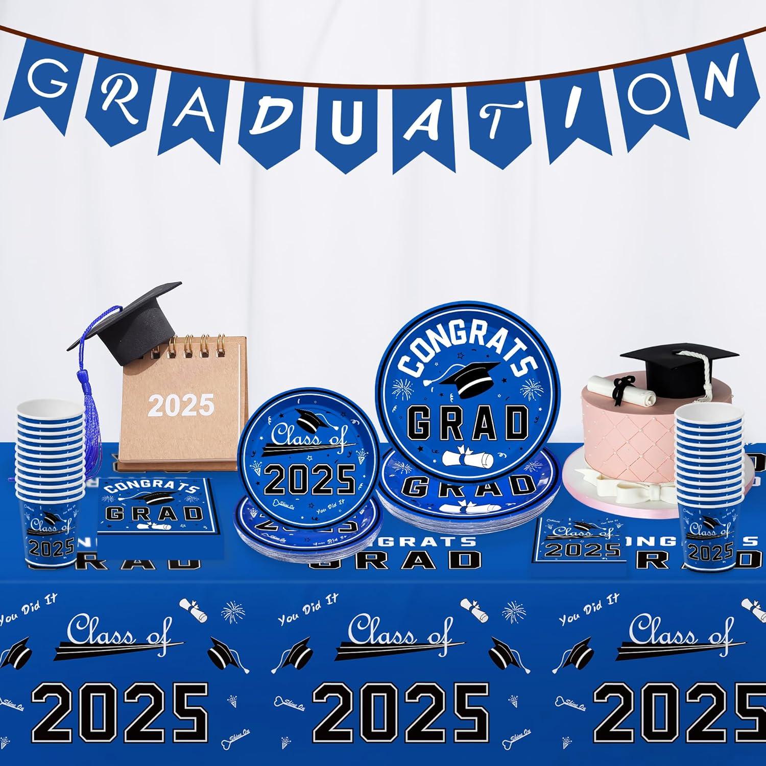 image:imageOHOME Graduation Decorations 2026 Graduation Decorations Class of 2026 Serve 24 Blue Plates Tablecloth Napkins Cups Graduation Party Favors SuppliesBlue Graduation Decorations