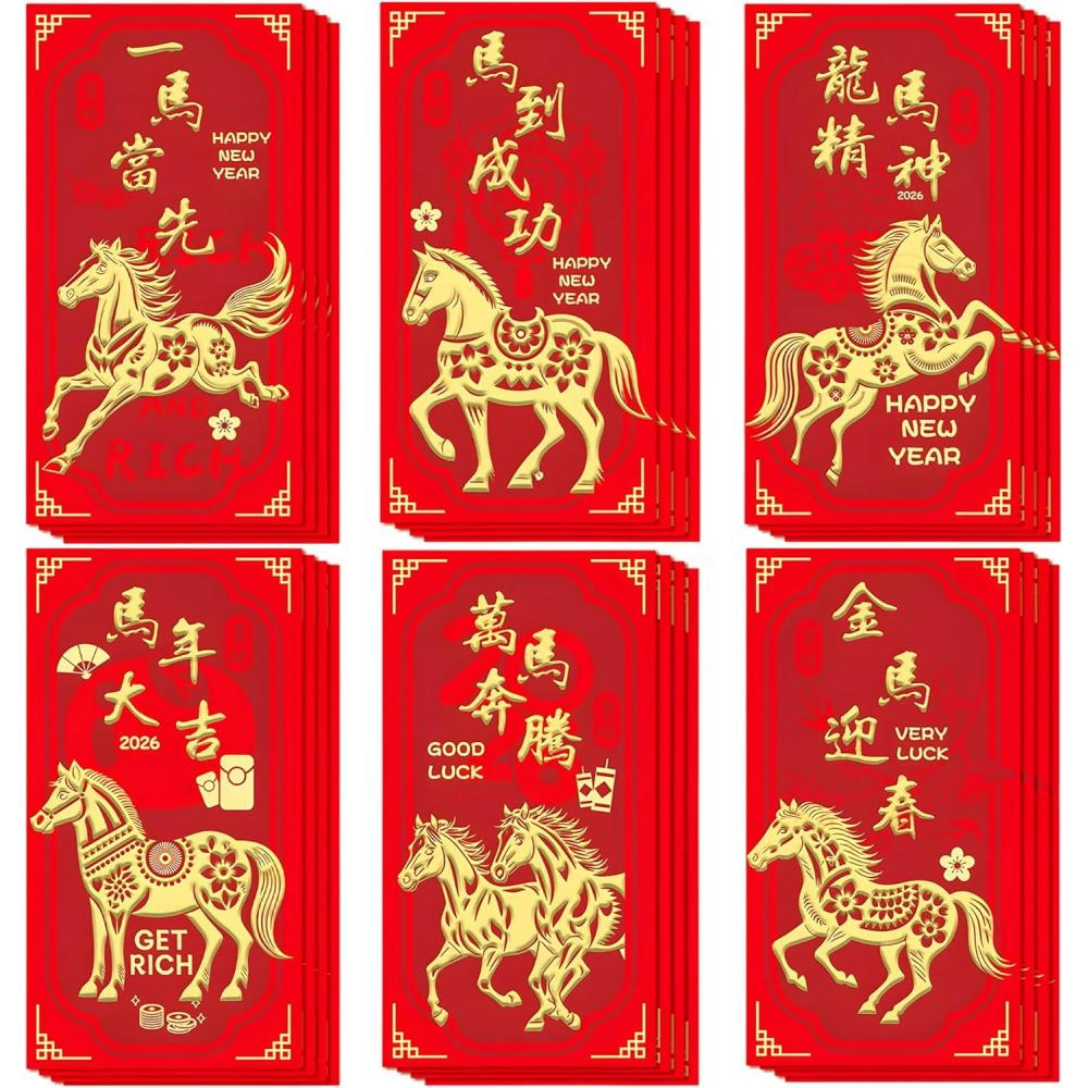 image:imageOHOME Chinese New Year Red Envelopes 2026 New Years Eve Party Supplies New Years Decorations Lunar New Year Envelopes Chinese New Year Gifts Lunar New Year Gifts Red Envelope Horse24PCS