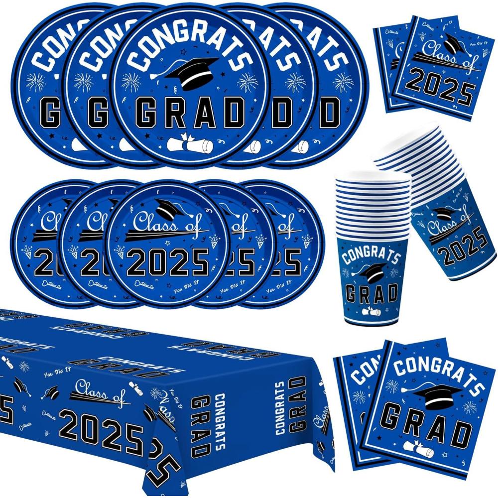 image:imageOHOME Graduation Decorations 2026 Graduation Decorations Class of 2026 Serve 24 Blue Plates Tablecloth Napkins Cups Graduation Party Favors SuppliesBlue Graduation Decorations