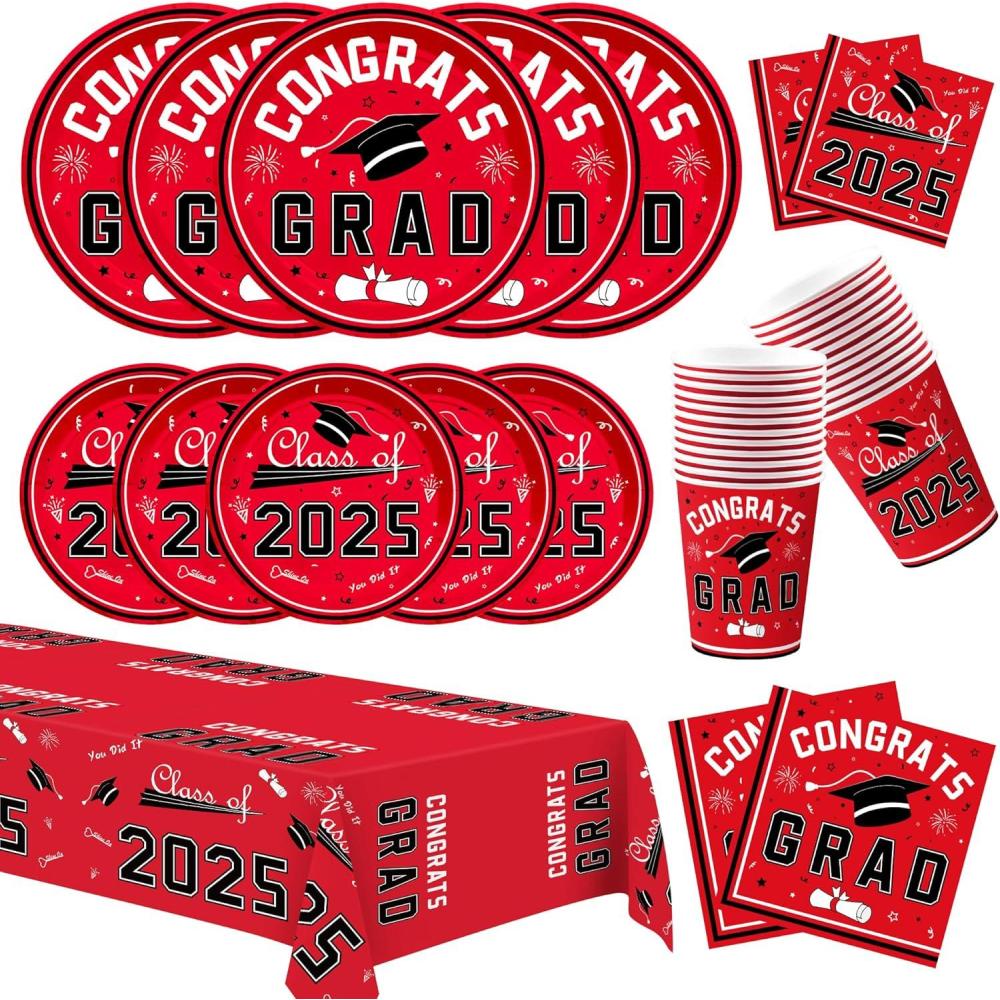 image:imageOHOME Graduation Decorations 2026 Graduation Decorations Class of 2026 Serve 24 Blue Plates Tablecloth Napkins Cups Graduation Party Favors SuppliesRed Graduation Decorations