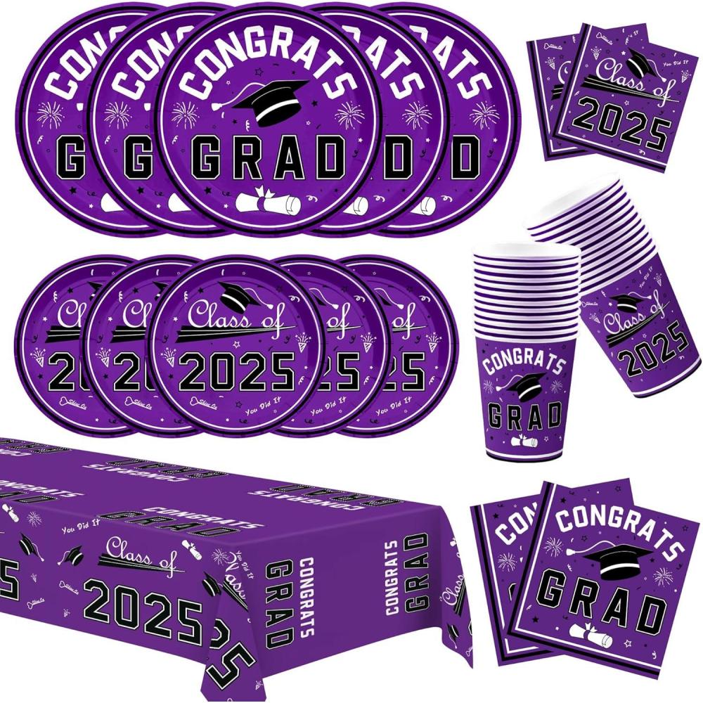 image:imageOHOME Graduation Decorations 2026 Graduation Decorations Class of 2026 Serve 24 Blue Plates Tablecloth Napkins Cups Graduation Party Favors SuppliesPurple Graduation Decorations