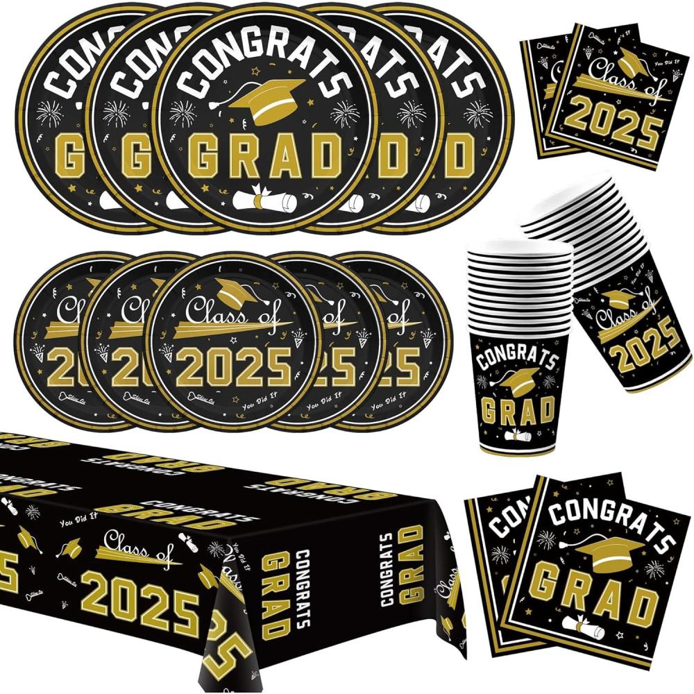 image:imageOHOME Graduation Decorations 2026 Graduation Decorations Class of 2026 Serve 24 Blue Plates Tablecloth Napkins Cups Graduation Party Favors SuppliesBlack Graduation Decorations