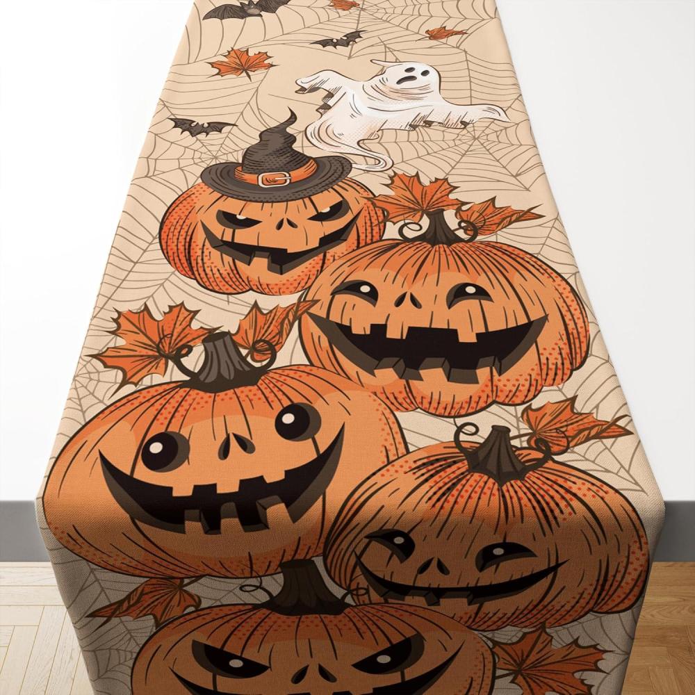image:imageOHOME Halloween Decorations Table Runner for Indoor Outdoor Halloween Pumpkins Leaves Ghost Bats Table Decor of Party Favors Supplies Backdrop Tablecloth for Home Office Kitchen