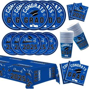 OHOME Graduation Decorations 2026 – Graduation Decorations Class of 2026 – Serve 24 – Blue Plates Tablecloth Napkins Cups – Graduation Party Favors Supplies(Blue Graduation Decorations)