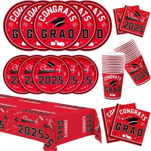 OHOME Graduation Decorations 2026 – Graduation Decorations Class of 2026 – Serve 24 – Blue Plates Tablecloth Napkins Cups – Graduation Party Favors Supplies(Red Graduation Decorations)