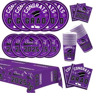 OHOME Graduation Decorations 2026 – Graduation Decorations Class of 2026 – Serve 24 – Blue Plates Tablecloth Napkins Cups – Graduation Party Favors Supplies(Purple Graduation Decorations)