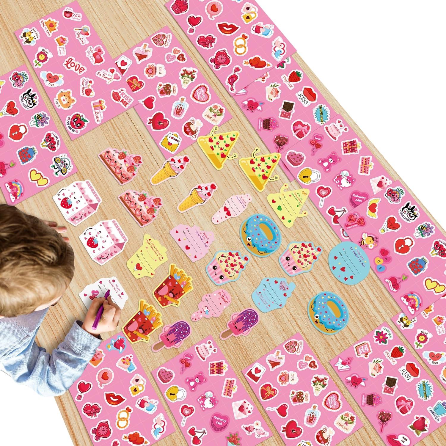 image:imageOHOME 204 PCS Valentines Day Stickers amp Cards Pink Cartoon Heart Shaped Stickers amp Cards for Kids Classroom