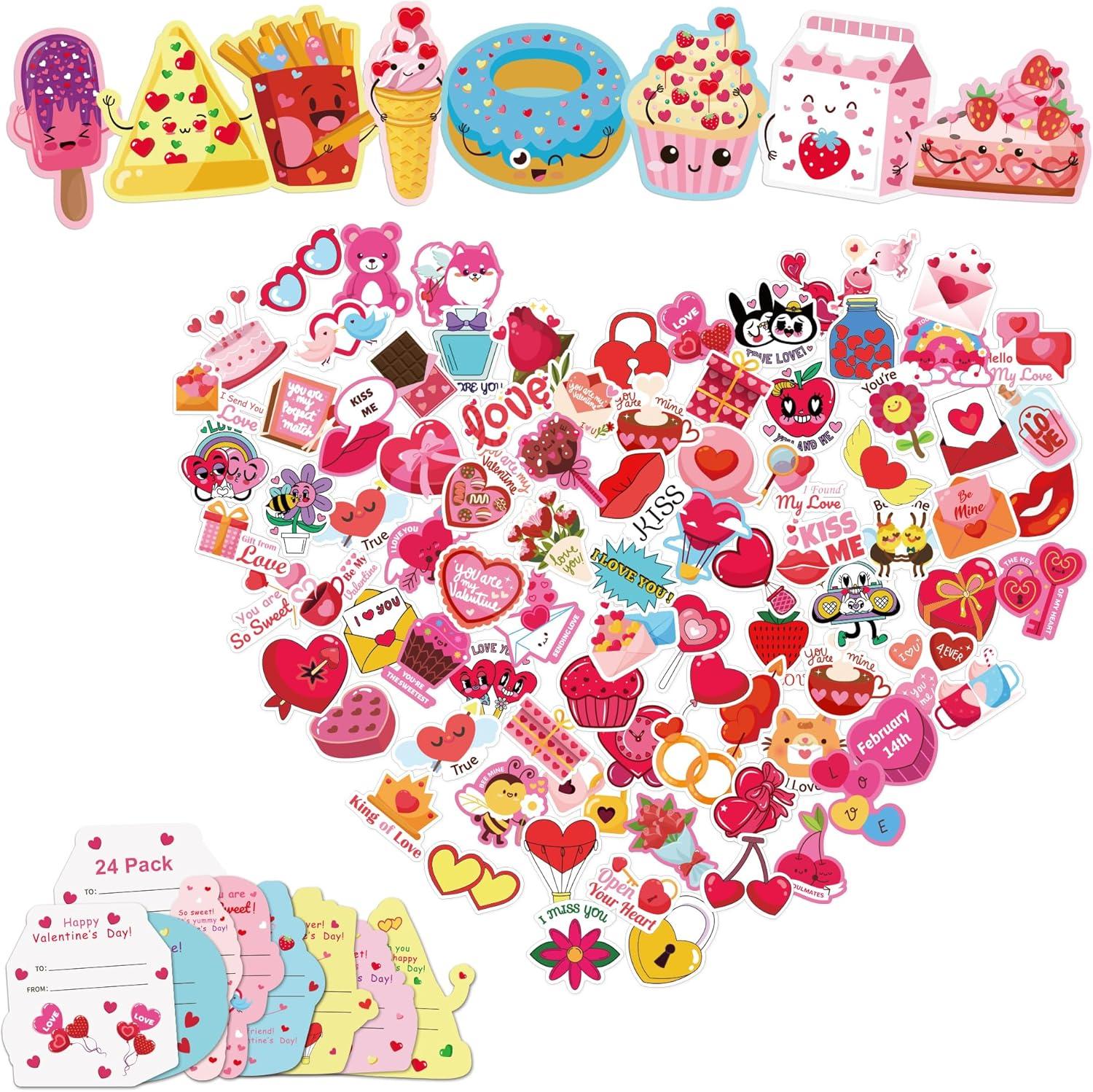 image:imageOHOME 204 PCS Valentines Day Stickers amp Cards Pink Cartoon Heart Shaped Stickers amp Cards for Kids Classroom