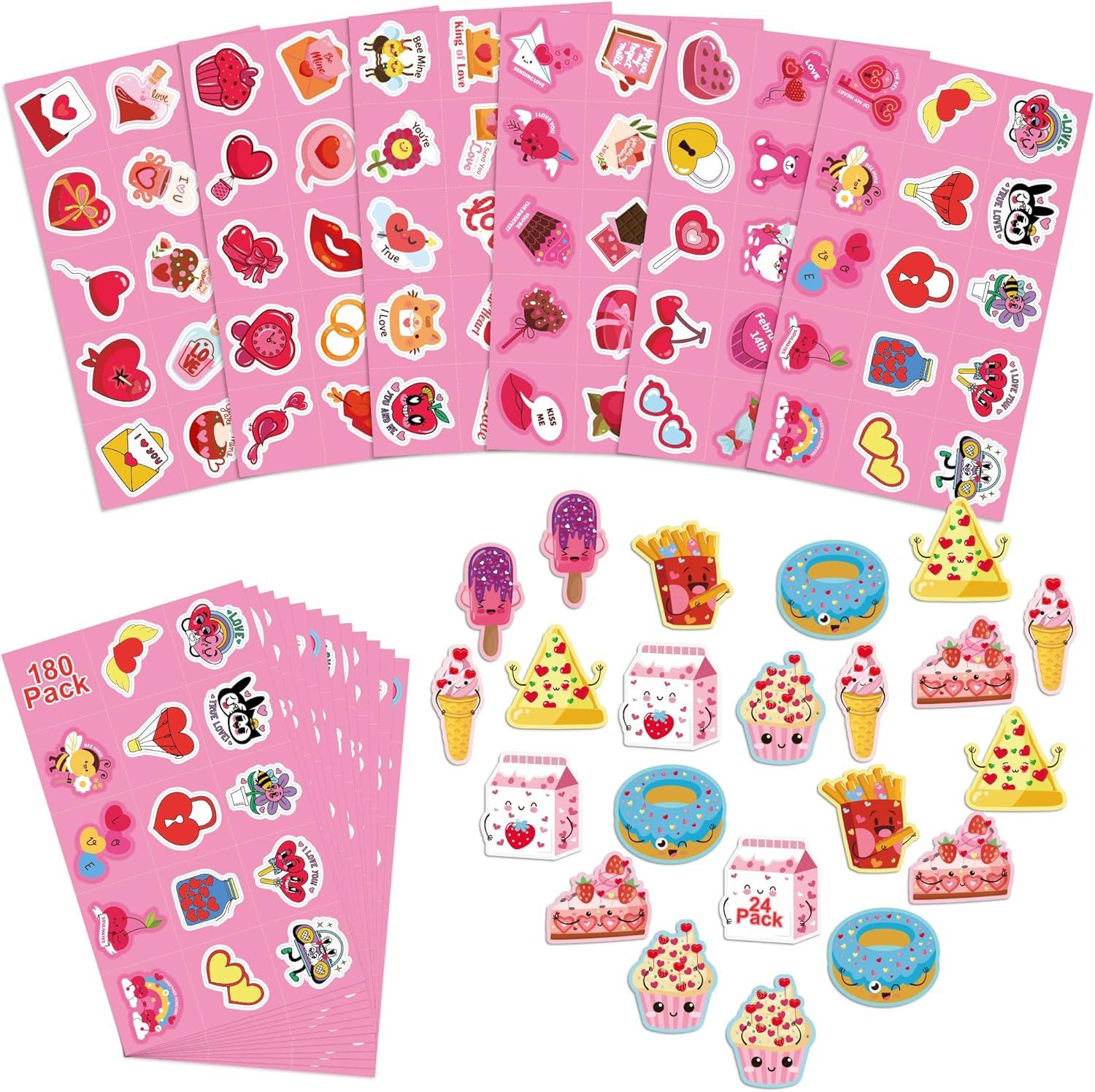 image:imageOHOME 204 PCS Valentines Day Stickers amp Cards Pink Cartoon Heart Shaped Stickers amp Cards for Kids Classroom