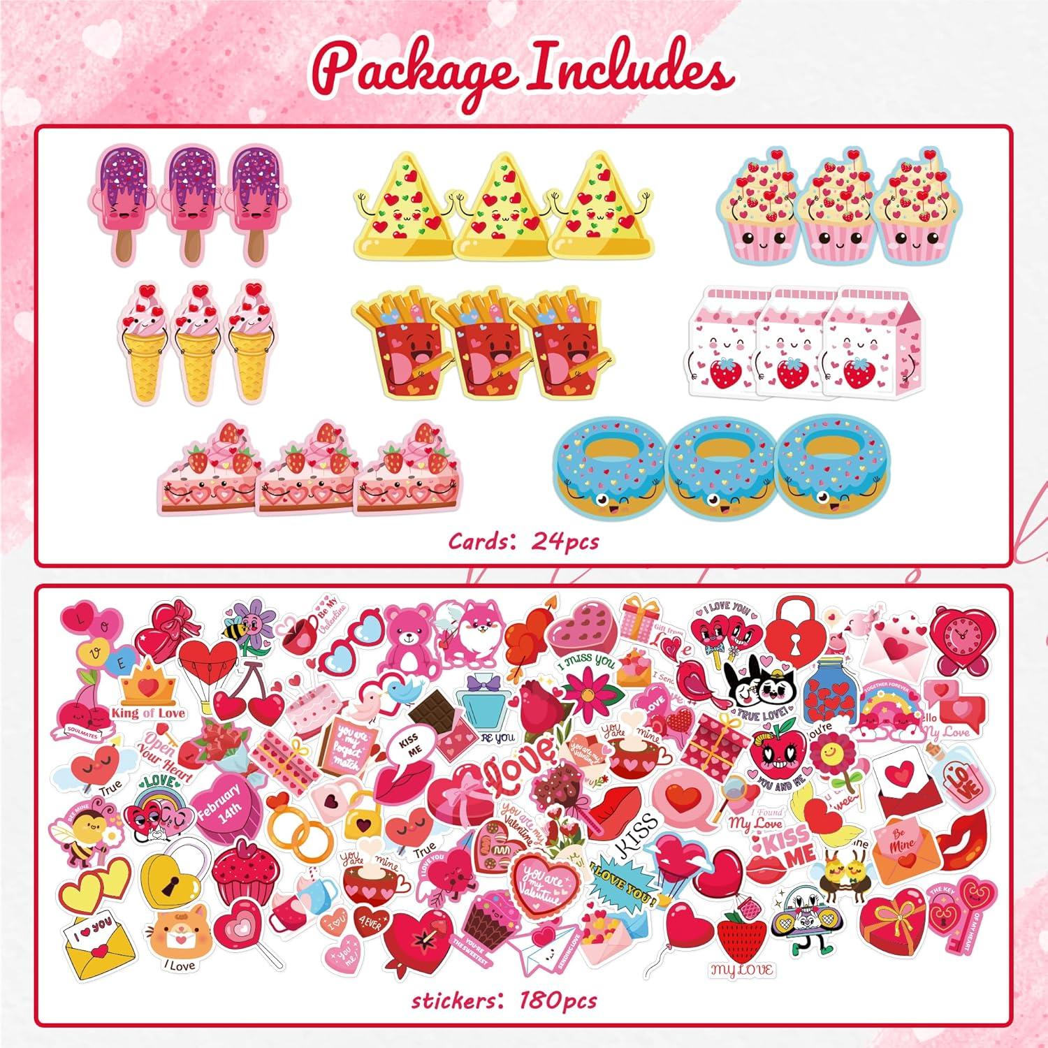 image:imageOHOME 204 PCS Valentines Day Stickers amp Cards Pink Cartoon Heart Shaped Stickers amp Cards for Kids Classroom