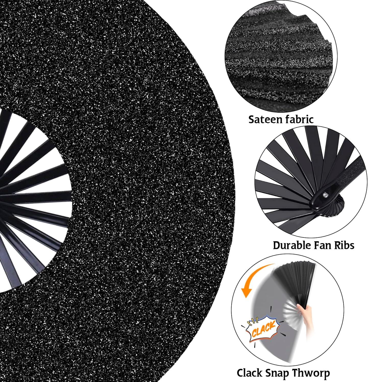 image:imageOHOME Hand Fans for Women Foldable Black Large Folding Rave Fan Fans for Line Dancing NylonCloth Vintage Retro Fabric Festival Hand Held Fan Stocking Stuffers for WomenBlack