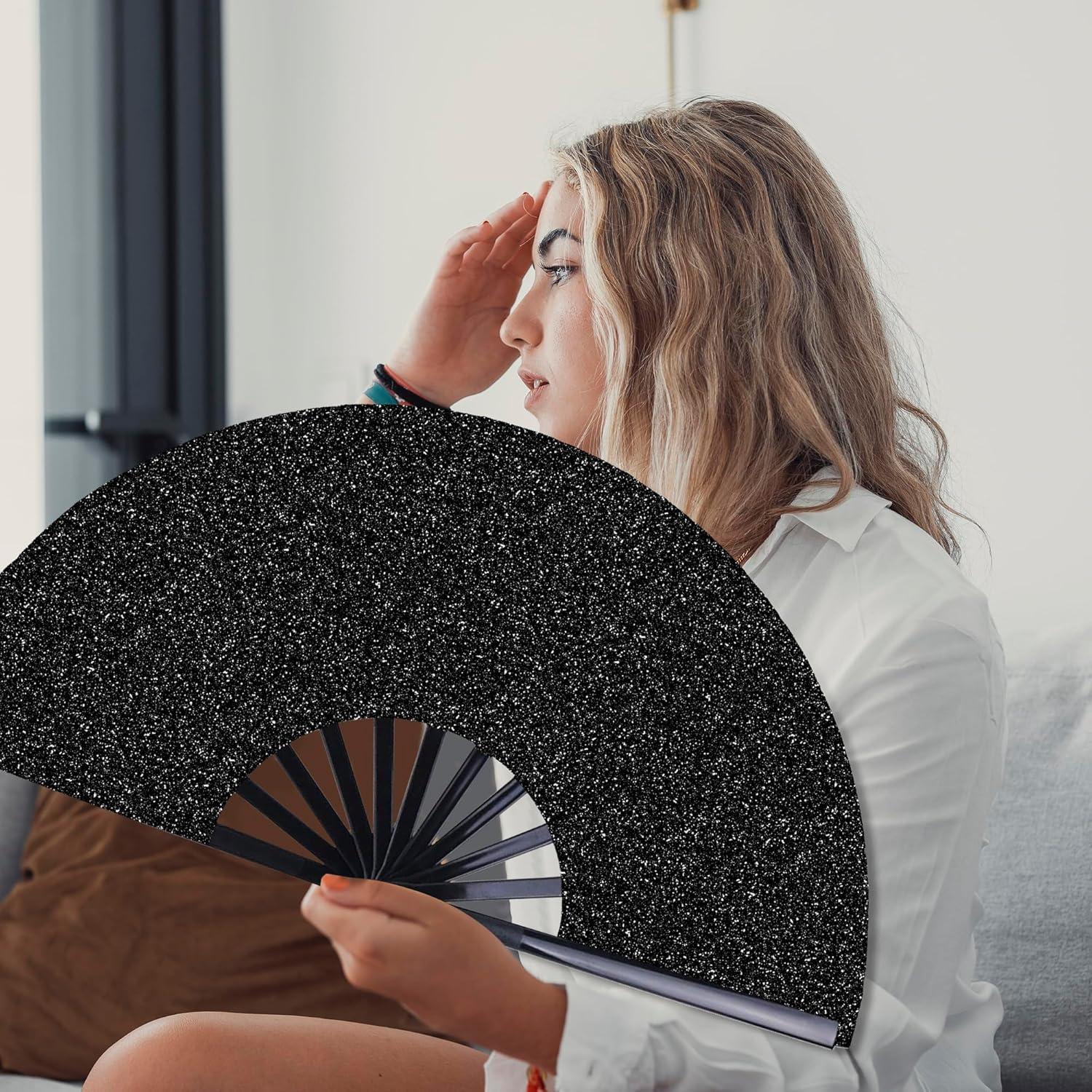 image:imageOHOME Hand Fans for Women Foldable Black Large Folding Rave Fan Fans for Line Dancing NylonCloth Vintage Retro Fabric Festival Hand Held Fan Stocking Stuffers for WomenBlack