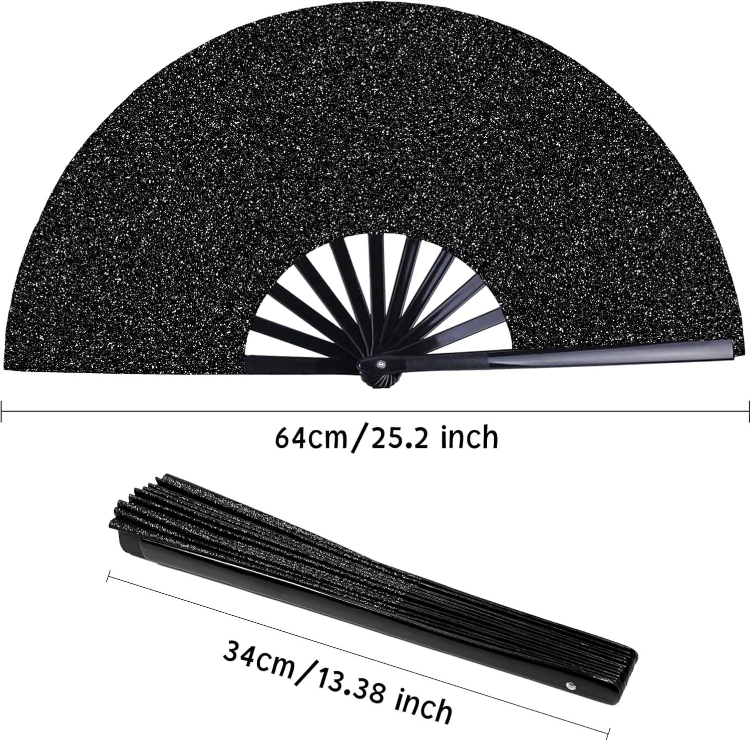 image:imageOHOME Hand Fans for Women Foldable Black Large Folding Rave Fan Fans for Line Dancing NylonCloth Vintage Retro Fabric Festival Hand Held Fan Stocking Stuffers for WomenBlack