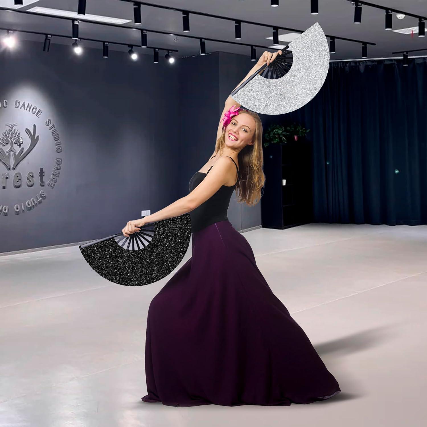 image:imageOHOME Hand Fans for Women Foldable Black Large Folding Rave Fan Fans for Line Dancing NylonCloth Vintage Retro Fabric Festival Hand Held Fan Stocking Stuffers for WomenWhite