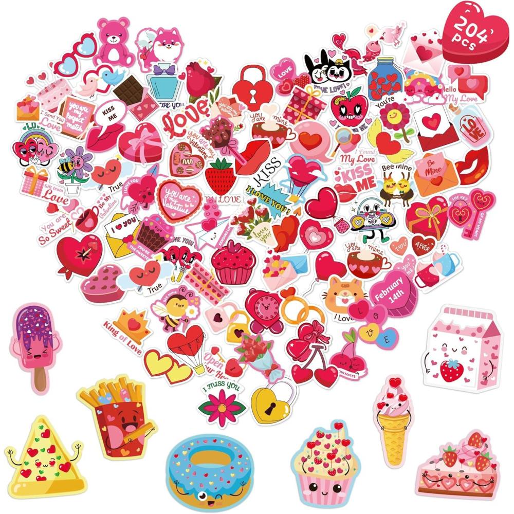 image:imageOHOME 204 PCS Valentines Day Stickers amp Cards Pink Cartoon Heart Shaped Stickers amp Cards for Kids Classroom