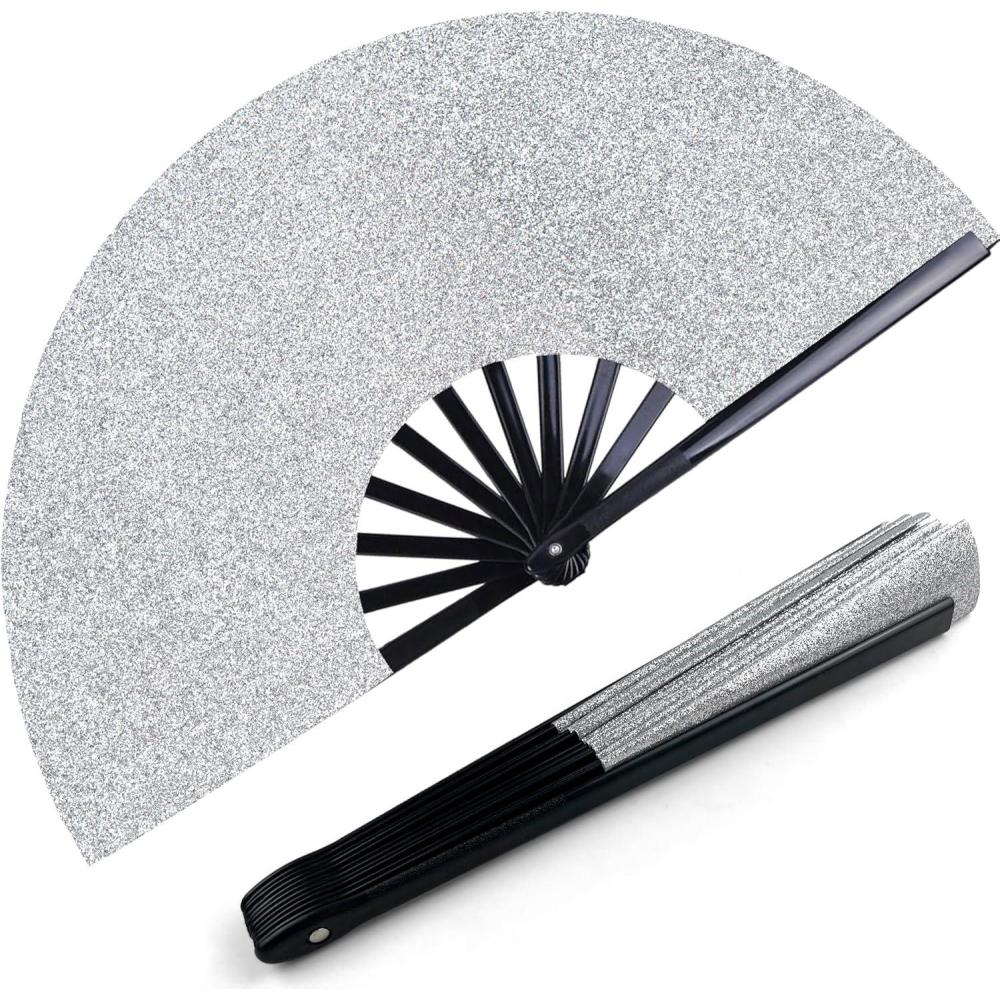 image:imageOHOME Hand Fans for Women Foldable Black Large Folding Rave Fan Fans for Line Dancing NylonCloth Vintage Retro Fabric Festival Hand Held Fan Stocking Stuffers for WomenWhite