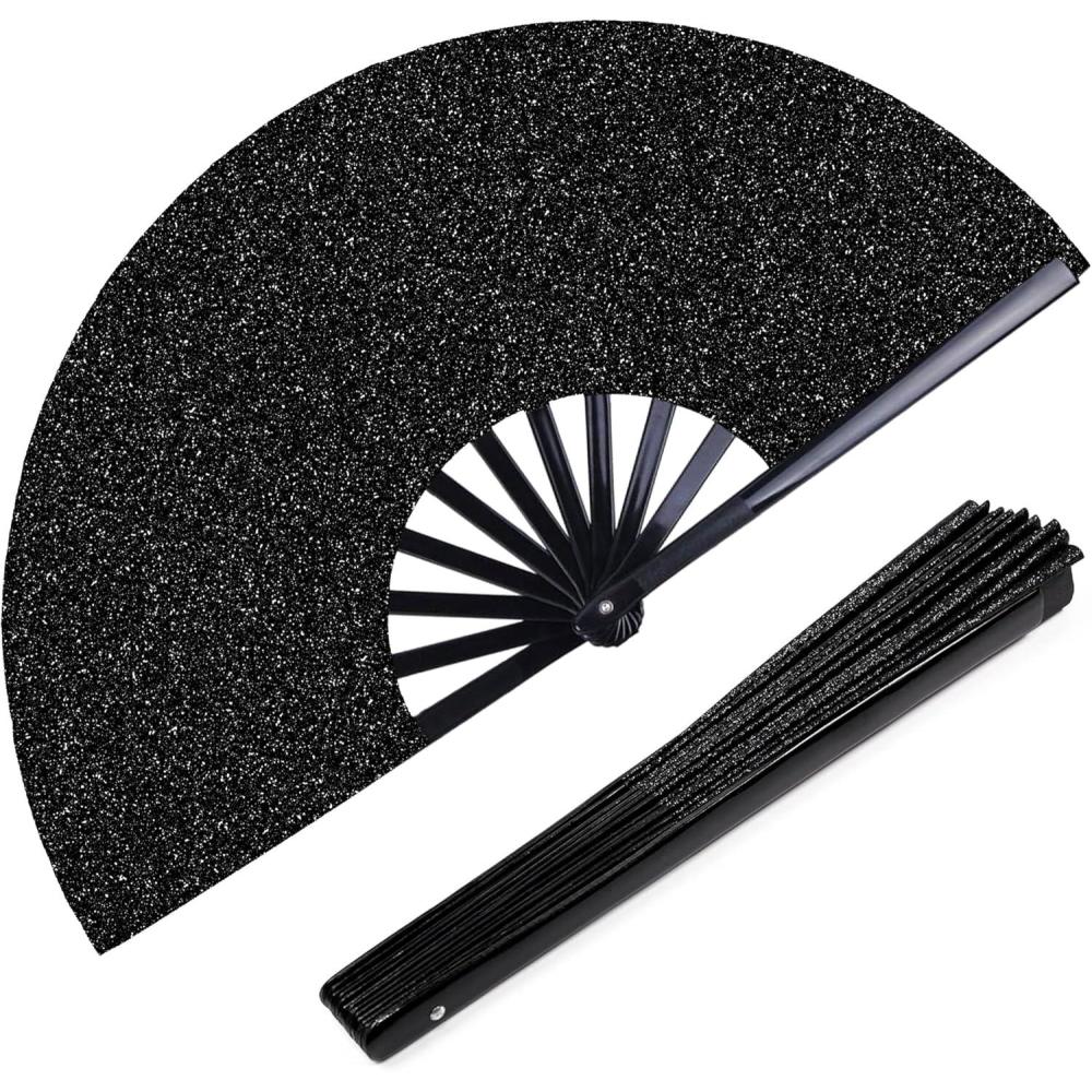 image:imageOHOME Hand Fans for Women Foldable Black Large Folding Rave Fan Fans for Line Dancing NylonCloth Vintage Retro Fabric Festival Hand Held Fan Stocking Stuffers for WomenBlack