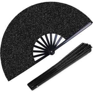 OHOME Hand Fans for Women Foldable – Black Large Folding Rave Fan | Fans for Line Dancing – Nylon-Cloth Vintage Retro Fabric Festival Hand Held Fan, Stocking Stuffers for Women(Black)