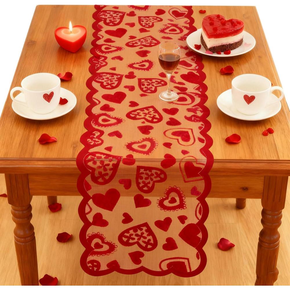image:imageOHOME Valentines Day Decorations  Red Lace Table Runner  Valentines Day Decor Party Supplies Favors  Galentines Day Decorations Holiday Heart Table Cloth Centerpiece for Wedding Home KitchenLace valentines