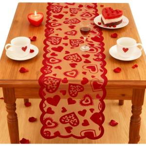 OHOME Valentines Day Decorations – Red Lace Table Runner | Valentines Day Decor Party Supplies Favors – Galentines Day Decorations Holiday Heart Table Cloth Centerpiece for Wedding Home Kitchen(Lace valentines)
