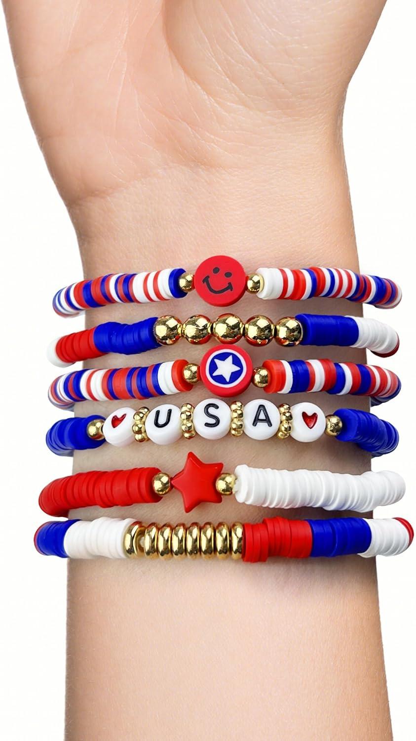 image:imageOHOME 4th of July Outfits for Women 6 Pack Patriotic Bracelets Fourth of July Decorations Accessories shirts for Memorial Day Decorations 250 America Anniversary USA Celebration Jewelry for Women4th of july