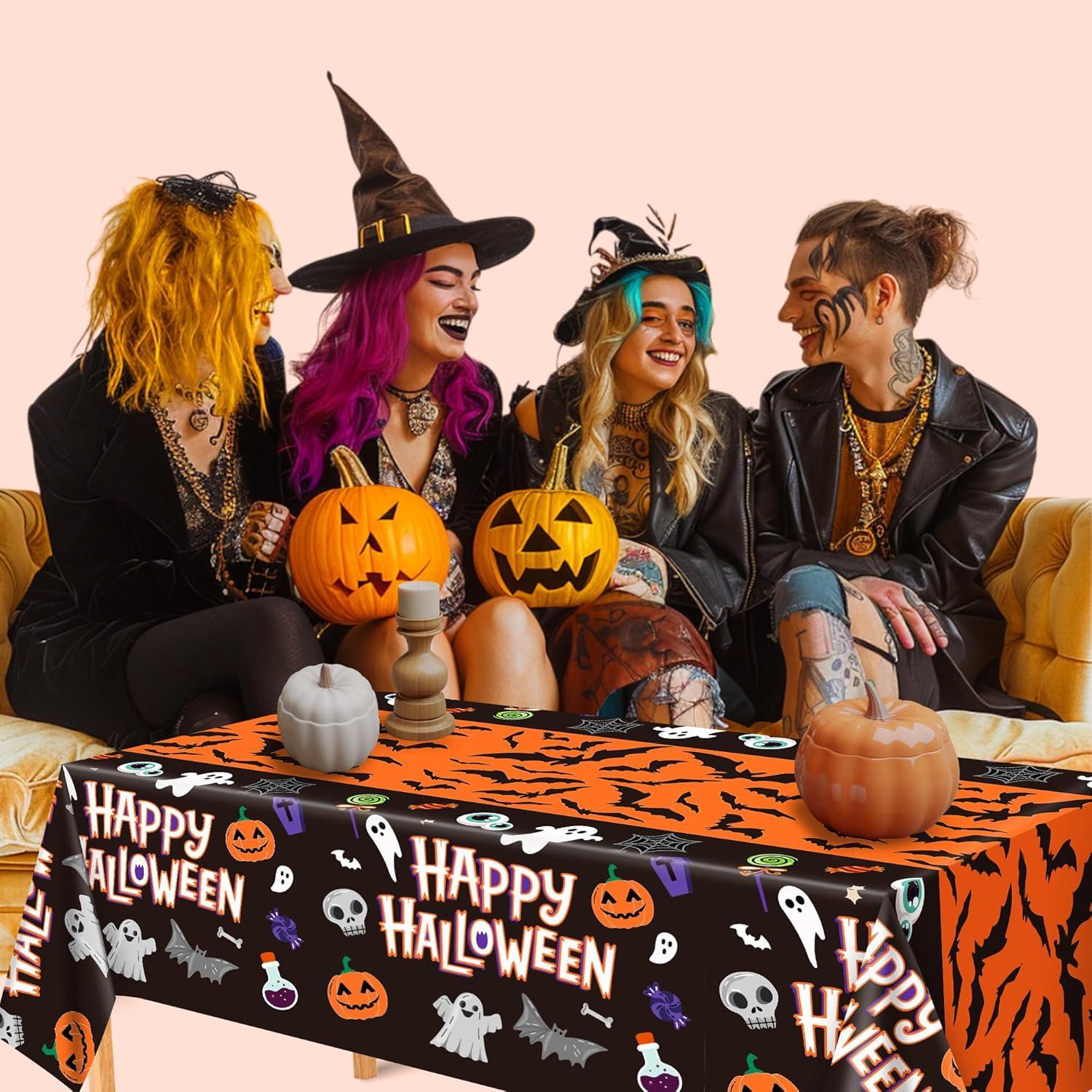 image:imageOHOME Halloween Decorations 2 Pack Plastic Tablecloth for Halloween Party Decorations Skeletons Bats Ghosts Pumpkin Table Decor for Outdoor Indoor Party Favors Supplies Backdrop BannerBlack