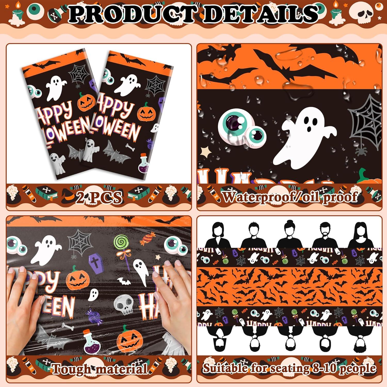 image:imageOHOME Halloween Decorations 2 Pack Plastic Tablecloth for Halloween Party Decorations Skeletons Bats Ghosts Pumpkin Table Decor for Outdoor Indoor Party Favors Supplies Backdrop BannerBlack