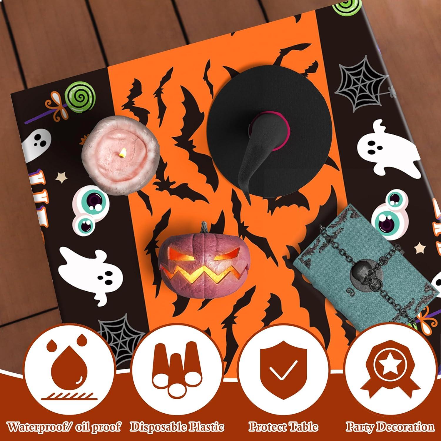 image:imageOHOME Halloween Decorations 2 Pack Plastic Tablecloth for Halloween Party Decorations Skeletons Bats Ghosts Pumpkin Table Decor for Outdoor Indoor Party Favors Supplies Backdrop BannerBlack