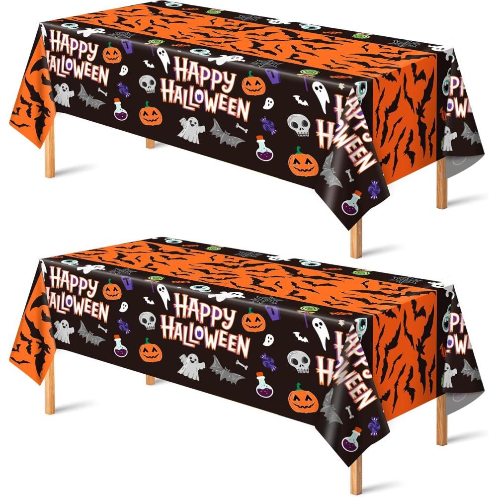 image:imageOHOME Halloween Decorations 2 Pack Plastic Tablecloth for Halloween Party Decorations Skeletons Bats Ghosts Pumpkin Table Decor for Outdoor Indoor Party Favors Supplies Backdrop BannerBlack