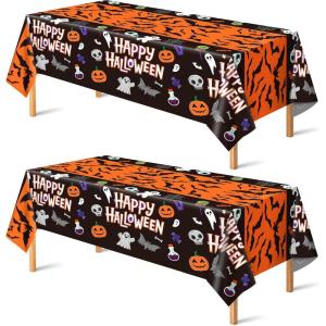 OHOME Halloween Decorations – 2 Pack Plastic Tablecloth for Halloween Party Decorations | Skeletons Bats Ghosts Pumpkin Table Decor for Outdoor Indoor Party Favors Supplies Backdrop Banner(Black)