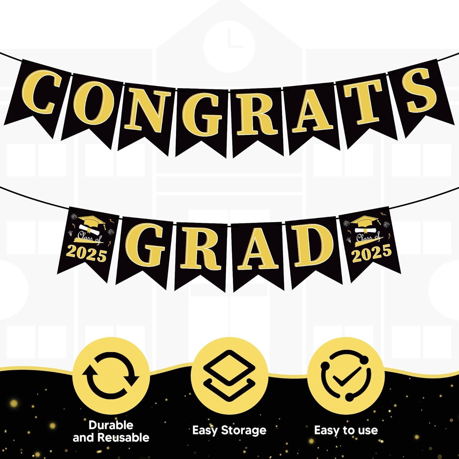 image:imageOHOME Graduation Decorations 2025 Congratulations Banner 2025 Graduation Party Decorations Black Gold Congrats Grad Banner Party SuppliesBlack and Gold
